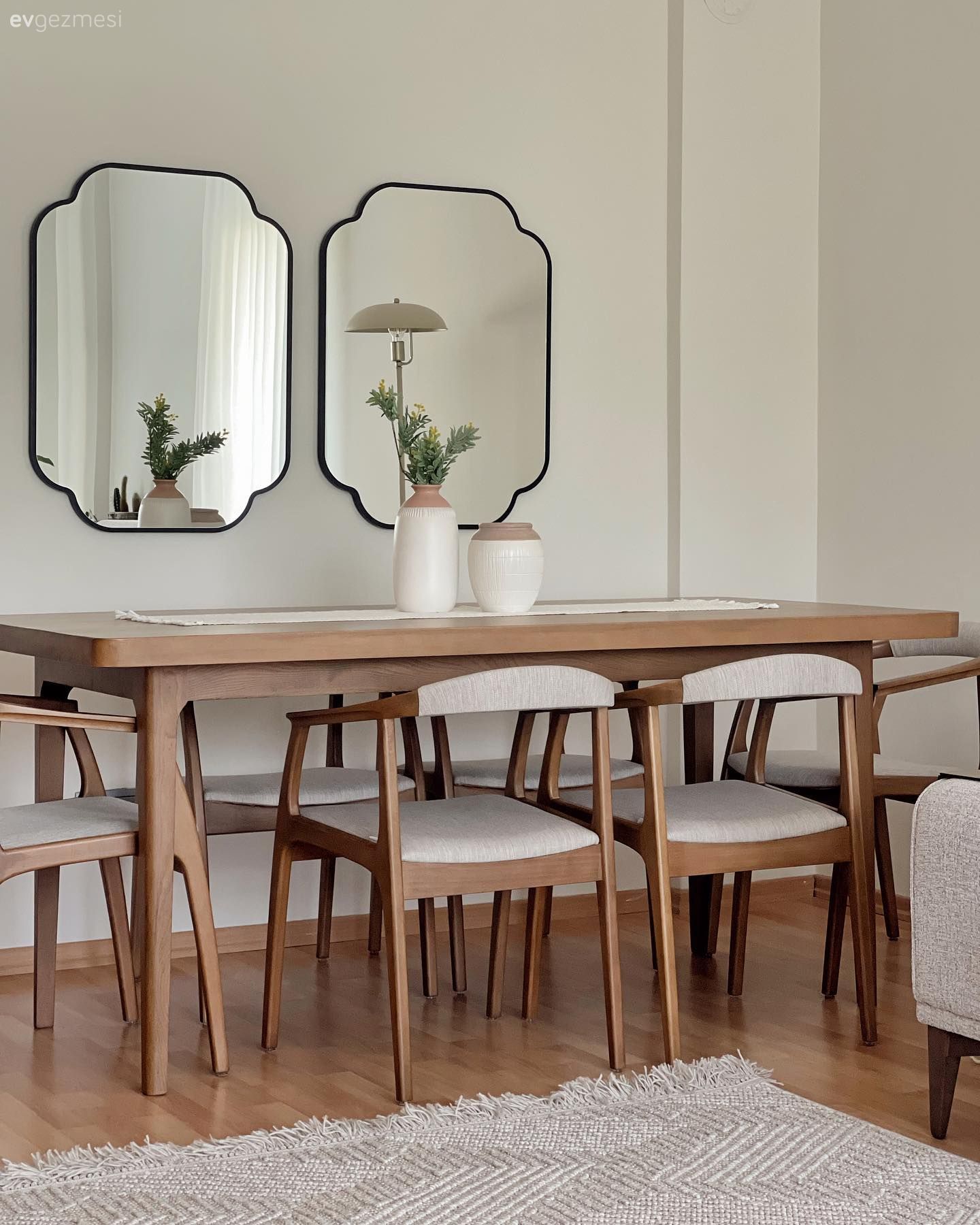 Ahşap Mobilya, Sandalye, Yemek masası, Ayna, Ev bitkisi, Beyaz, Halı, Salon halısı