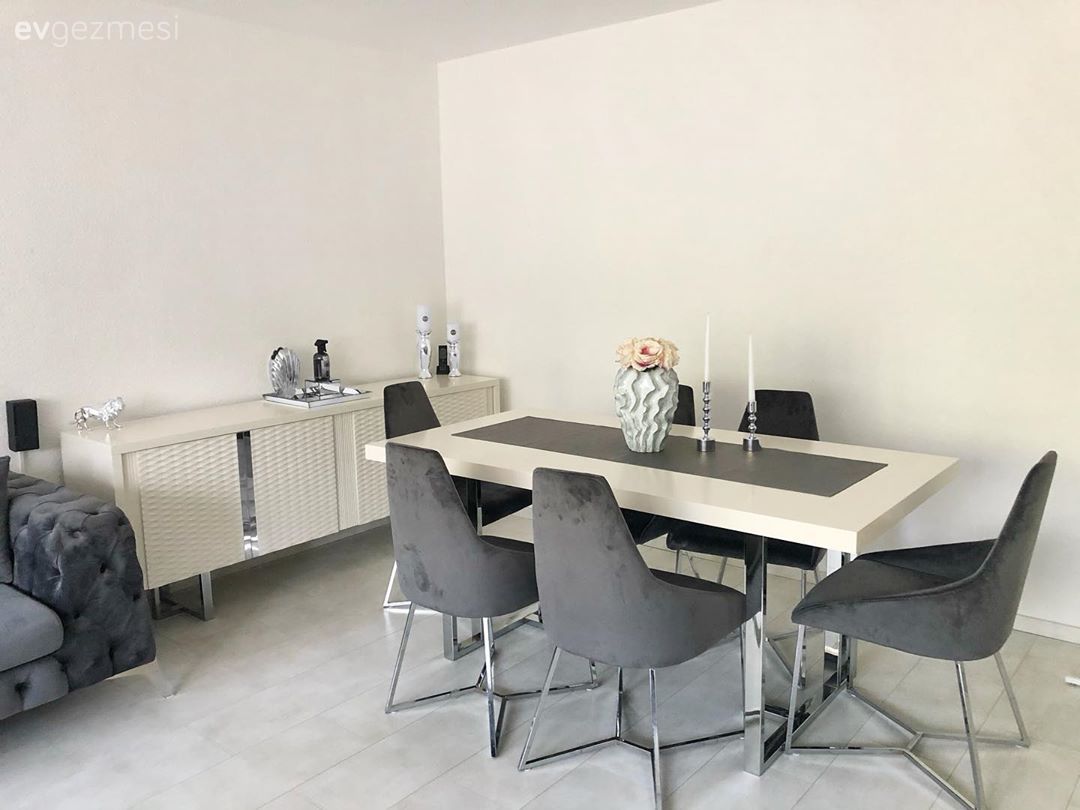 Modern, Yemek Odası, Beyaz, Gri, Konsol, Konsol üzeri dekoratif objeleri, Modern chesterfield, Vazo, Ev Aksesuar, Siyah