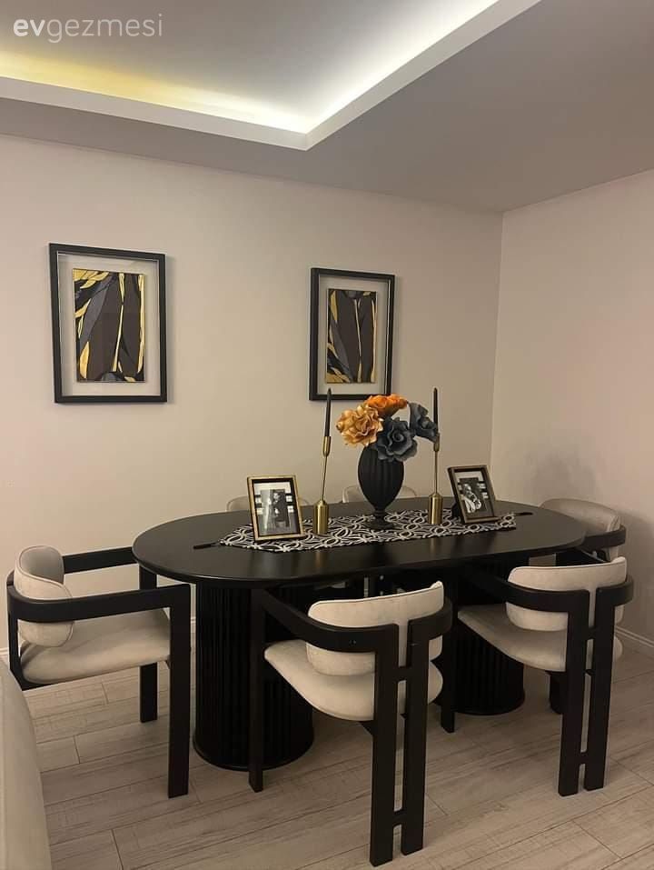 Yemek Odası, Modern, Art deko, Beyaz, Siyah, Bej, Sandalye, Yemek masası, Tablo, Duvar dekorasyonu, Dekoratif Objeler, Vazo, Ev Aksesuar