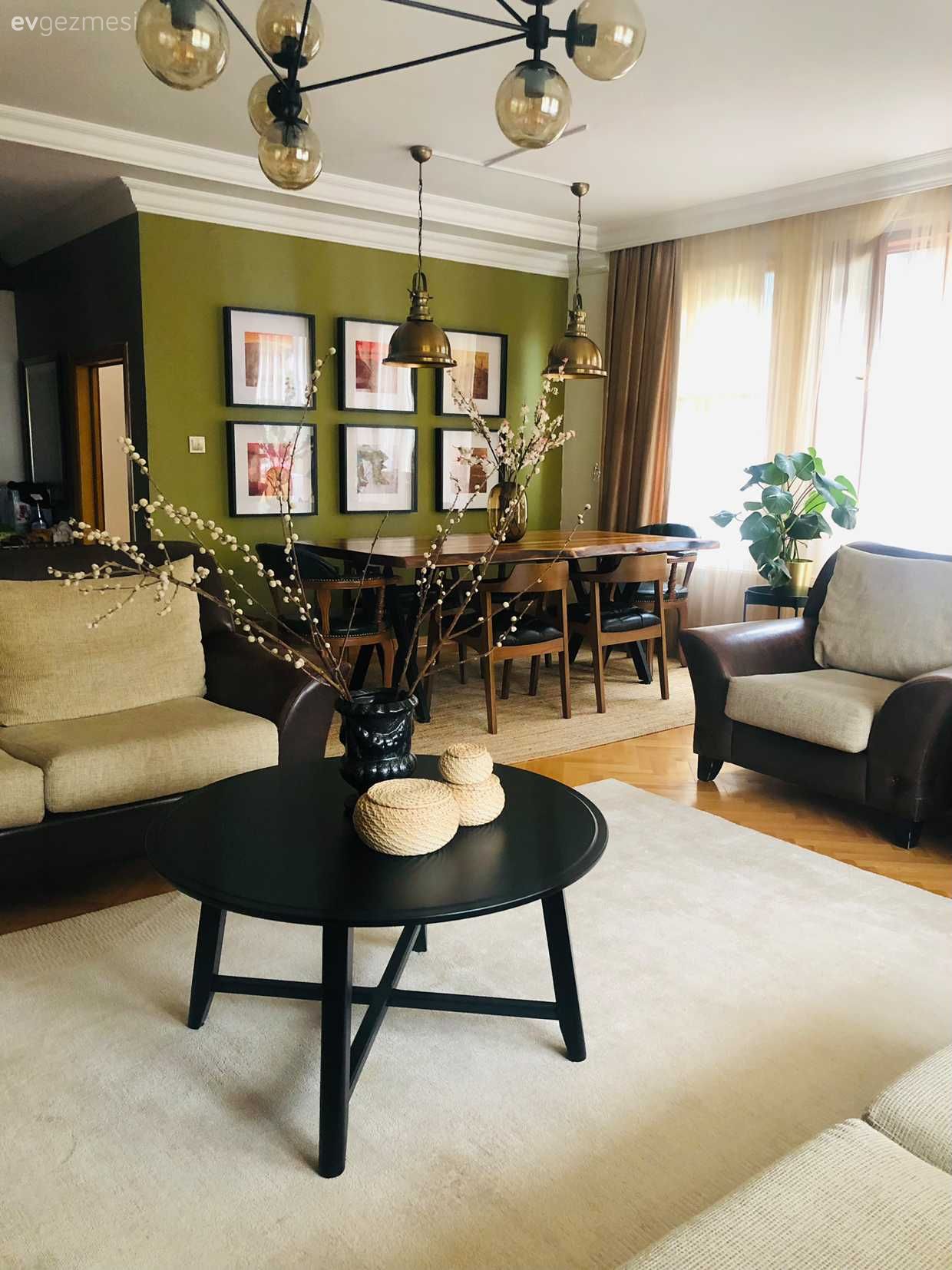 Salon, Modern, Beyaz, Yeşil, Krem, Gri, Siyah, Yeşil duvar, Koltuk takımı, Orta sehpa, Sehpa, Halı, Salon halısı, Çerçeve, Sarkıt, Aydınlatma, Fon perde, Perde, Tül perde, Yemek masası, Sandalye, Vazo, Ev Aksesuar