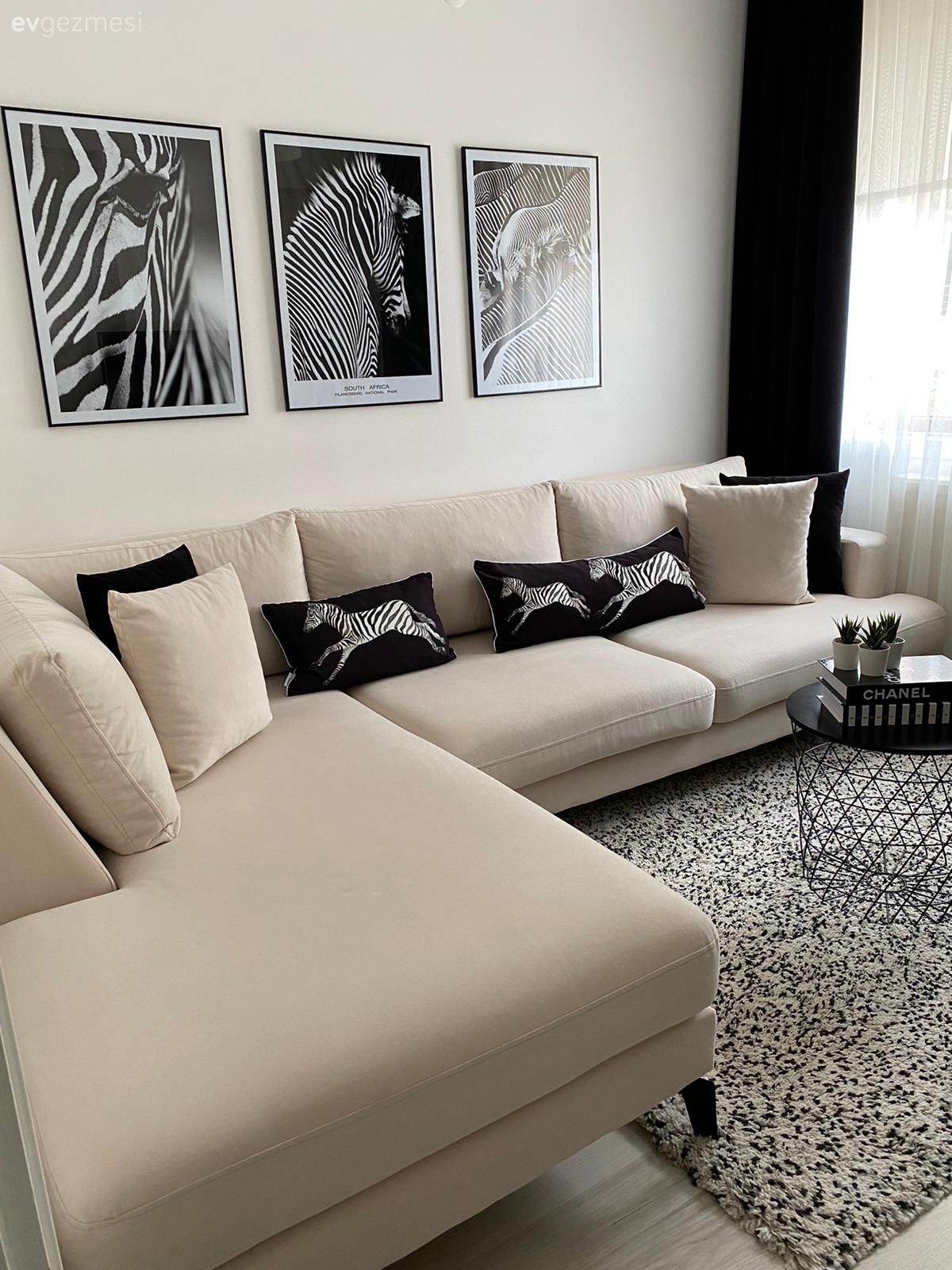 Salon, Modern, Köşe koltuk, Koltuk takımı, Krem, Bej, Vizon, Tablo, Duvar dekorasyonu, Halı, Salon halısı, Fon perde, Perde, Avize, Aydınlatma, Kırlent, Ev tekstili