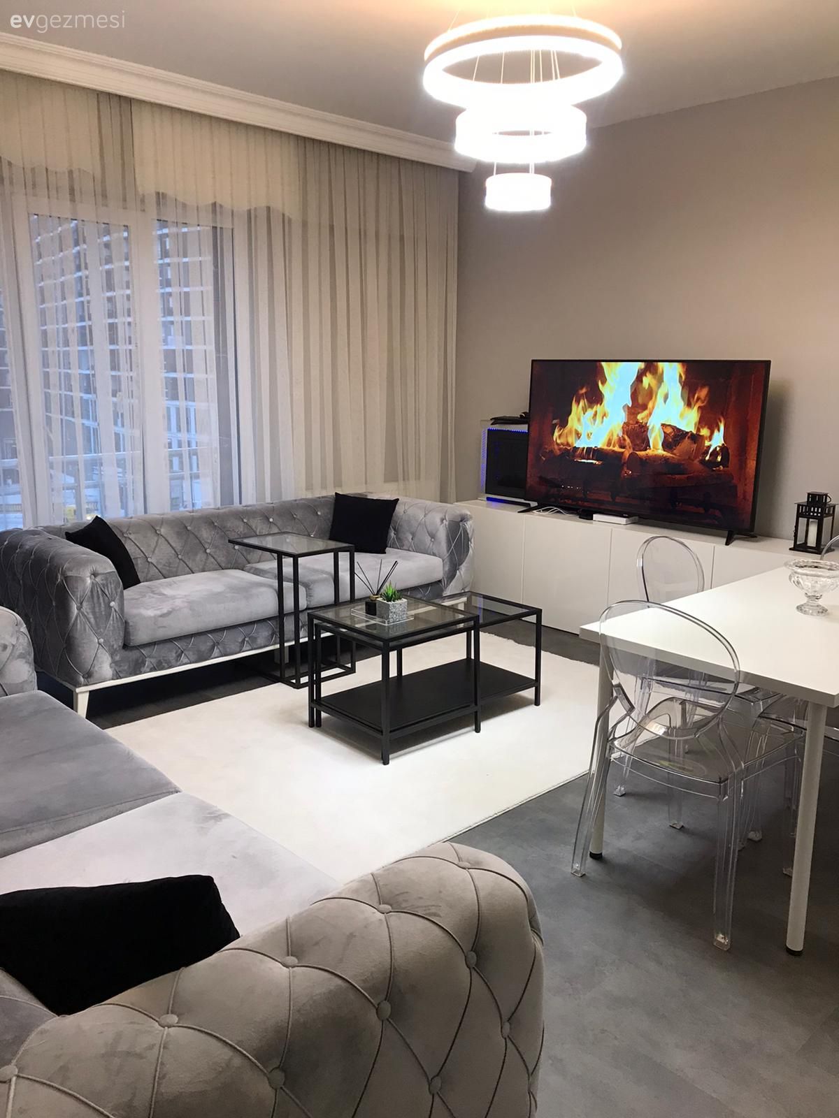 Salon, Küçük Ev, Gri, Tül perde, Perde, Tv ünitesi