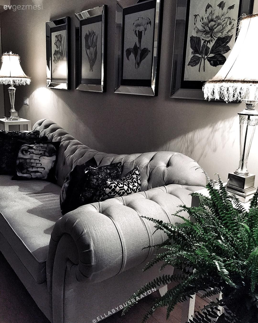Salon, Klasik, Gri, Beyaz, Siyah, Duvar dekorasyonu, Tablo, Ayna çerçeve, Abajur, Kapitoneli koltuk, Kırlent, Ev bitkisi, Ev Aksesuar