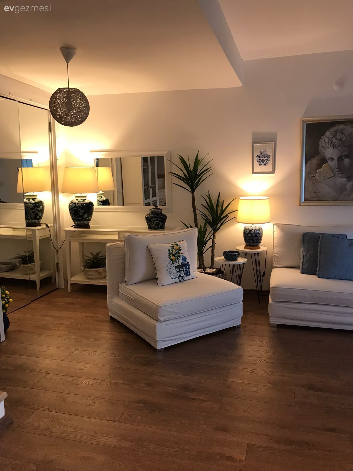 Salon, Beyaz, Krem, Mavi, Kahverengi, Koltuk takımı, Berjer, Kırlent, Ev tekstili, Tablo, Duvar dekorasyonu, Parke, Konsol, Konsol üzeri dekoratif objeleri, Çerçeve, Avize, Aydınlatma, Lambader, Ev bitkisi