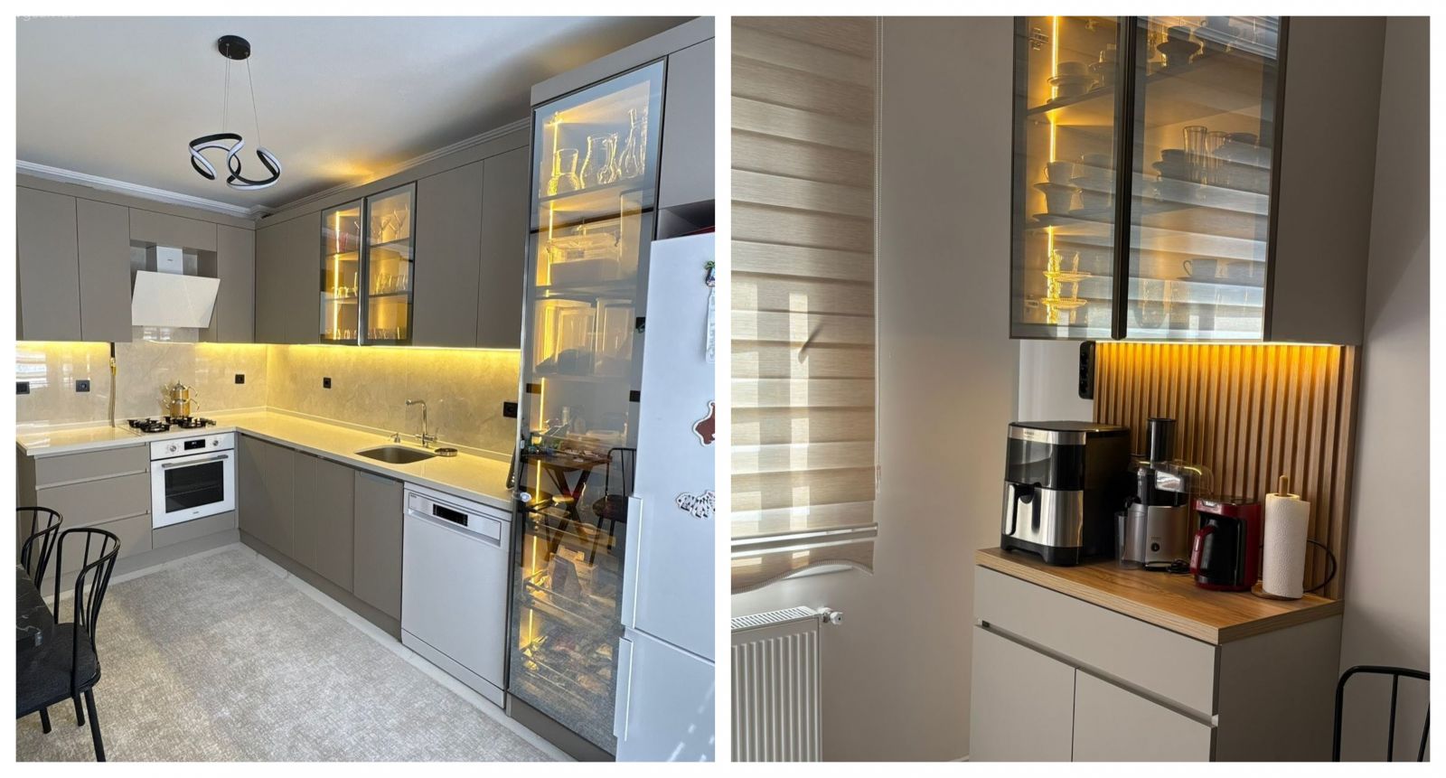 Bu L-Tipi Mutfakta Modern Tasarımlara Cam Kapaklar Eşlik Etmiş