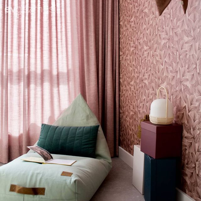 Yatak Odası, Beyaz, Bej, Gri, Pembe, Puf, Yatak odası duvar dekorasyonu, Duvar kağıdı, Duvar dekorasyonu, Fon perde, Perde, Mavi