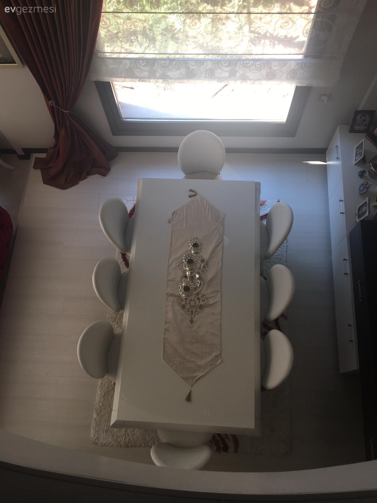 Yemek Odası, Beyaz, Krem, Sandalye, Yemek masası, Tv ünitesi, Tv ünitesi aksesuarları, Ev Aksesuar, Fon perde, Perde, Stor perde