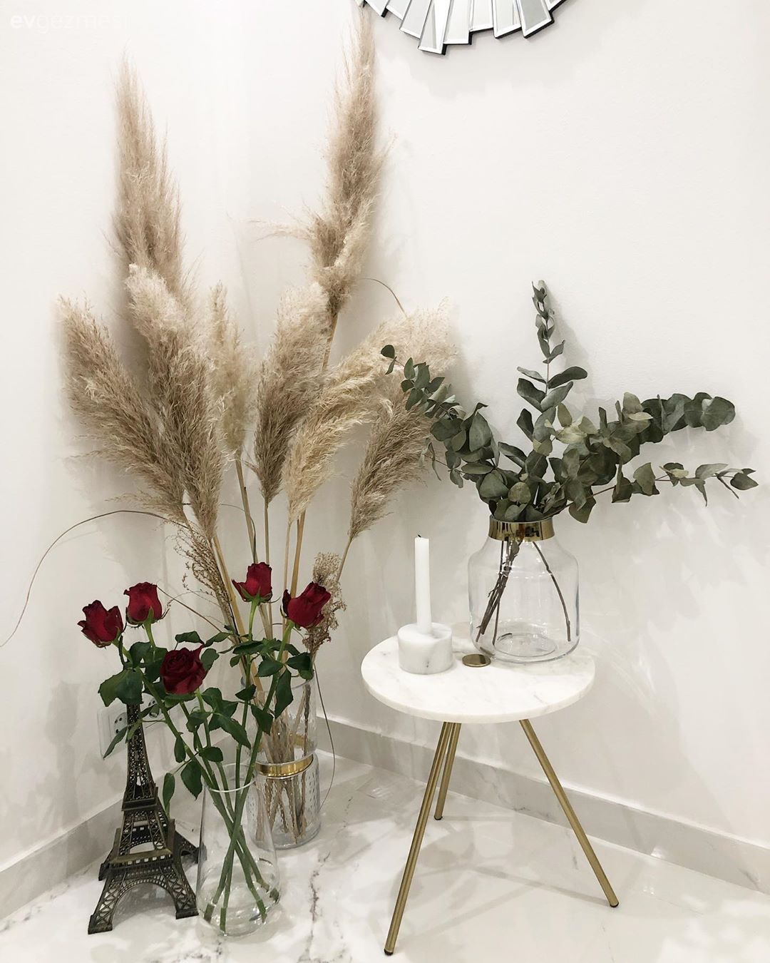 Antre, Beyaz, Gümüş, Yan sehpa, Pampas otu, Vazo, Ev Aksesuar, Çiçekler