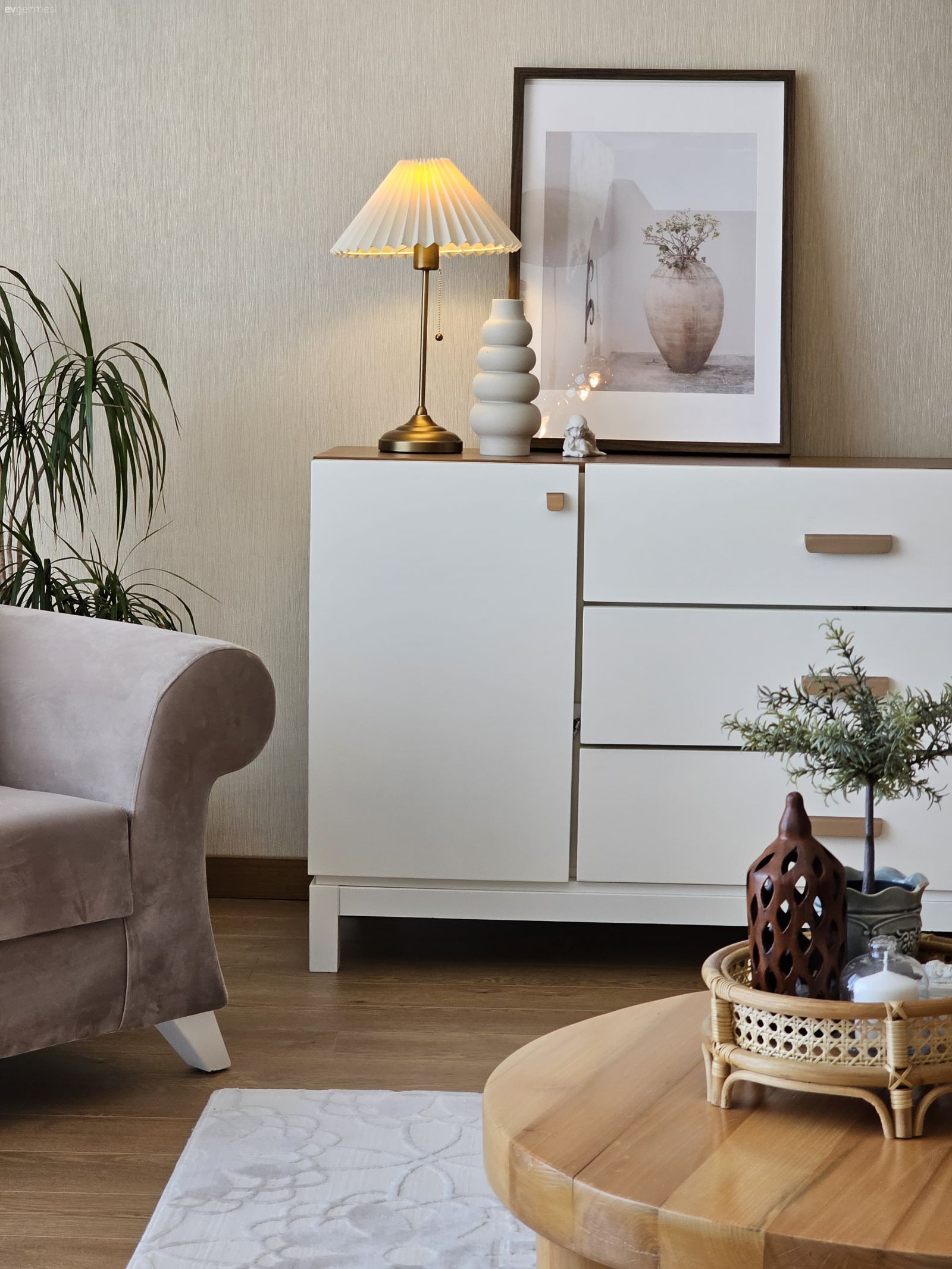 Konsol, Konsol üzeri dekoratif objeleri, Tablo, Duvar dekorasyonu, Ev bitkisi, Berjer, Orta sehpa, Sehpa, Halı, Salon halısı, Ahşap Mobilya