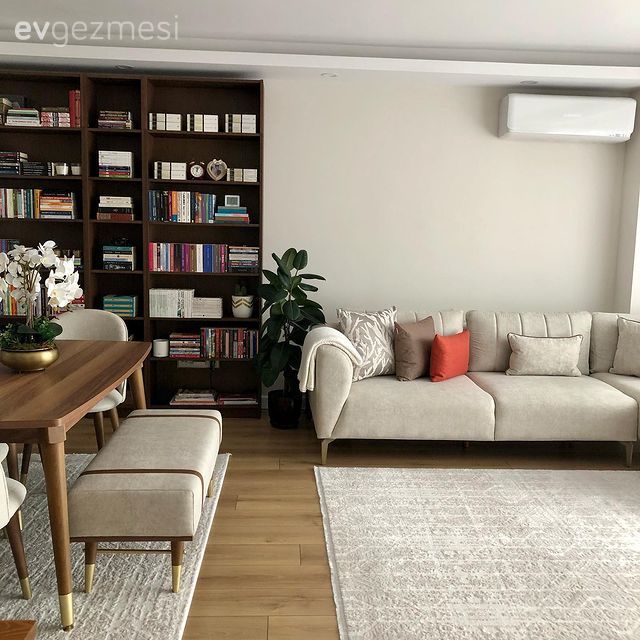 Salon, Modern, Beyaz, Krem, Bej, Koltuk takımı, Kırlent, Ev tekstili, Halı, Salon halısı, Kitaplık, Bank, Yemek masası, Ahşap masa