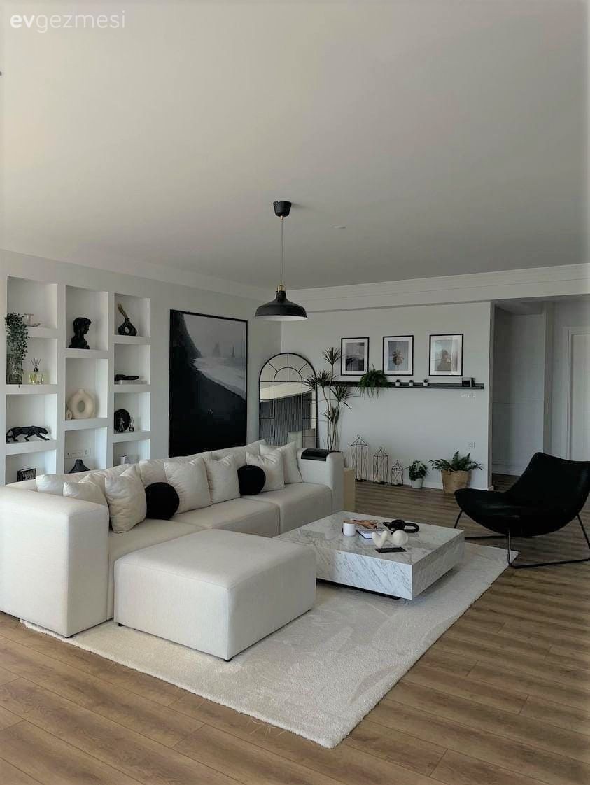 Salon, Modern, Beyaz, Siyah, Köşe koltuk, Koltuk takımı, Duvar Nişleri, Berjer, Orta sehpa, Sehpa, Boy aynası, Ayna, Tablo, Duvar dekorasyonu, Duvar rafı, Halı, Çerçeve, Saksı, Kırlent, Ev tekstili, Salon avizesi, Parke, İskandinav