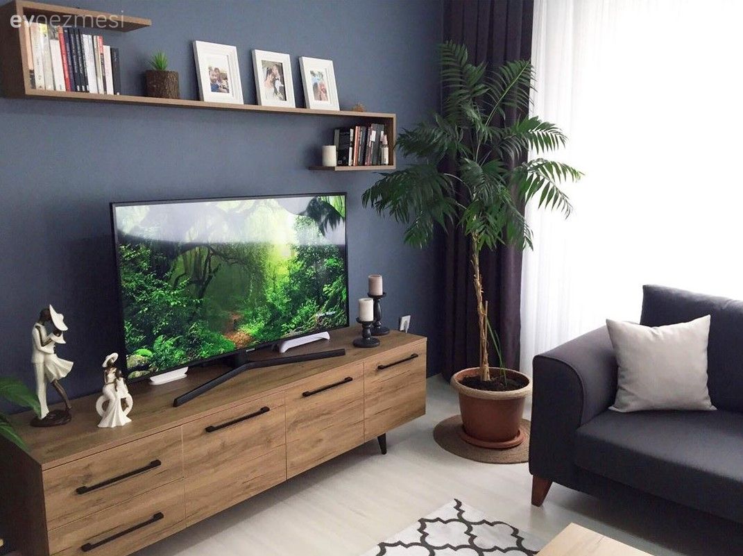 Salon, Antrasit duvar, Duvar rafı, Duvar dekorasyonu, Çerçeve, Tv ünitesi, Antrasit  , Dekoratif Objeler, Ev bitkisi, Saksı, Geometrik desen, Desenler, Fon perde, Perde, Tül perde, Halı, Tv ünitesi aksesuarları, Ev Aksesuar