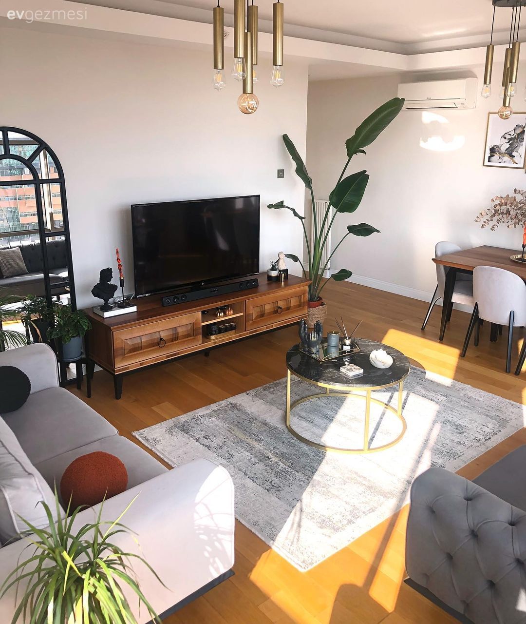 Salon, Gri, Bej, Beyaz, Koltuk takımı, Modern chesterfield, Halı, Salon halısı, Orta sehpa, Sehpa, Altın, Yuvarlak sehpa, Tv ünitesi, Tv ünitesi aksesuarları, Ev Aksesuar, Pencere duvar dekoru, Duvar dekorasyonu, Ayna, Avize, Aydınlatma, Ev bitkisi, Sandalye, Yemek masası, Saksı