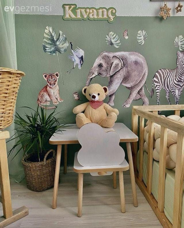 Çocuk Odası, Yeşil duvar, Duvar dekorasyonu, Dekoratif Objeler
