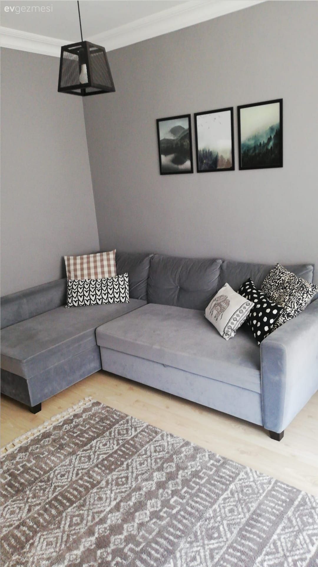 Oturma Odası, Gri koltuk, Köşe koltuk, Koltuk takımı, Çerçeve, Halı, Kırlent, Ev tekstili, Avize, Aydınlatma