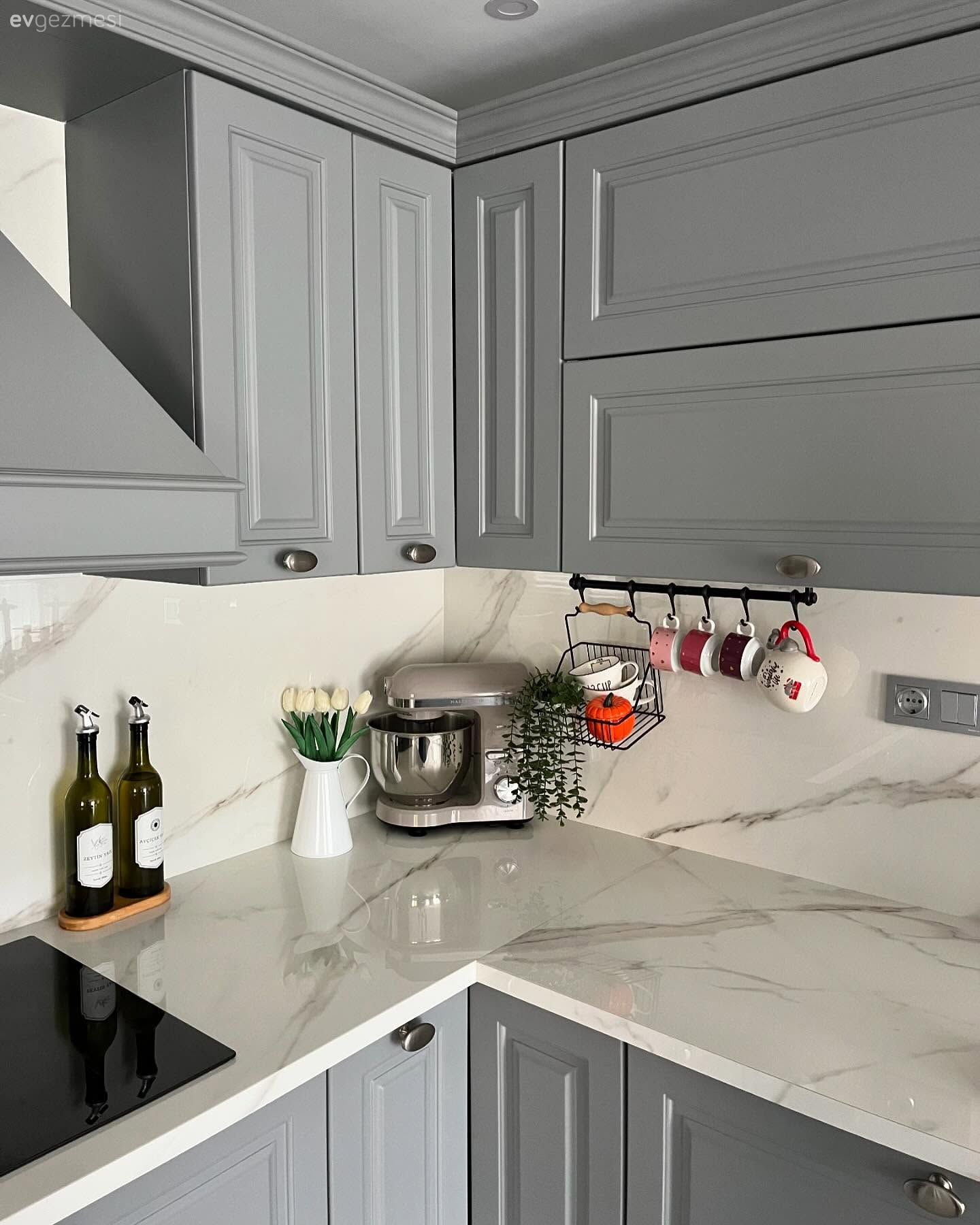 Gri, Gri mutfak, Beyaz, Porselen tezgah, Elektrikli Ocak, Cam Ankastre