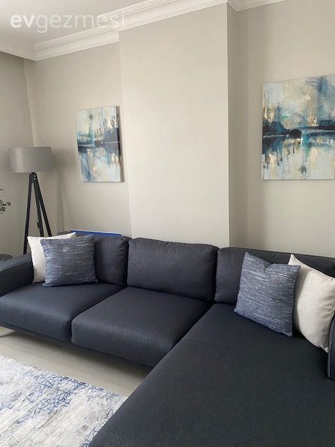 Oturma Odası, Gri, Antrasit  , Tablo, Duvar dekorasyonu, Köşe koltuk, Koltuk takımı, Kırlent, Ev tekstili, Lambader, Aydınlatma