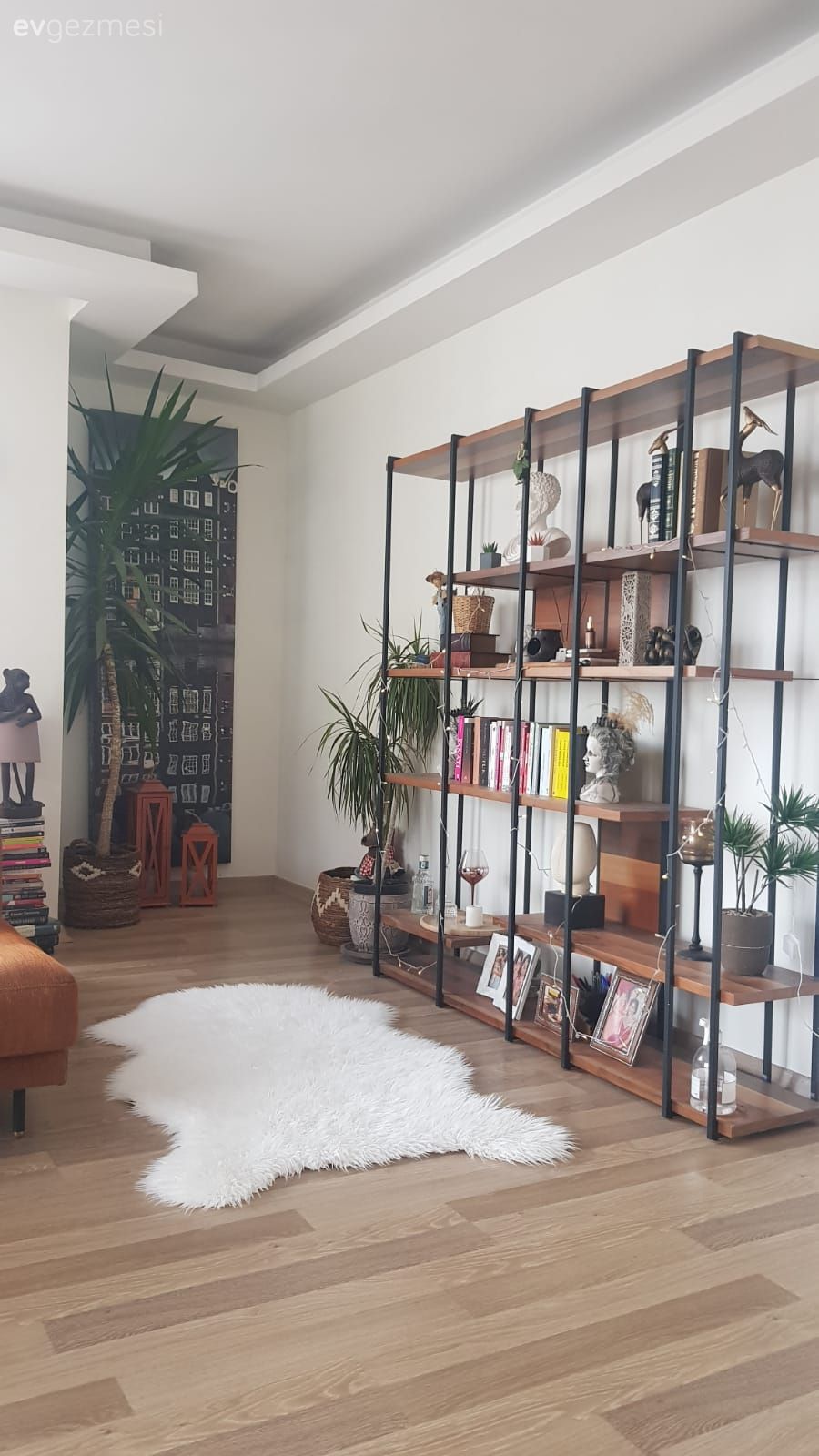 Salon, Bohem Dekorasyon, Turuncu, Köşe koltuk, Koltuk takımı, Kırlent, Ev tekstili, Beyaz, Kitaplık, Dekoratif Objeler, Kitaplık dekoratif objeleri, Ev Aksesuar, Ev bitkisi, Peluş