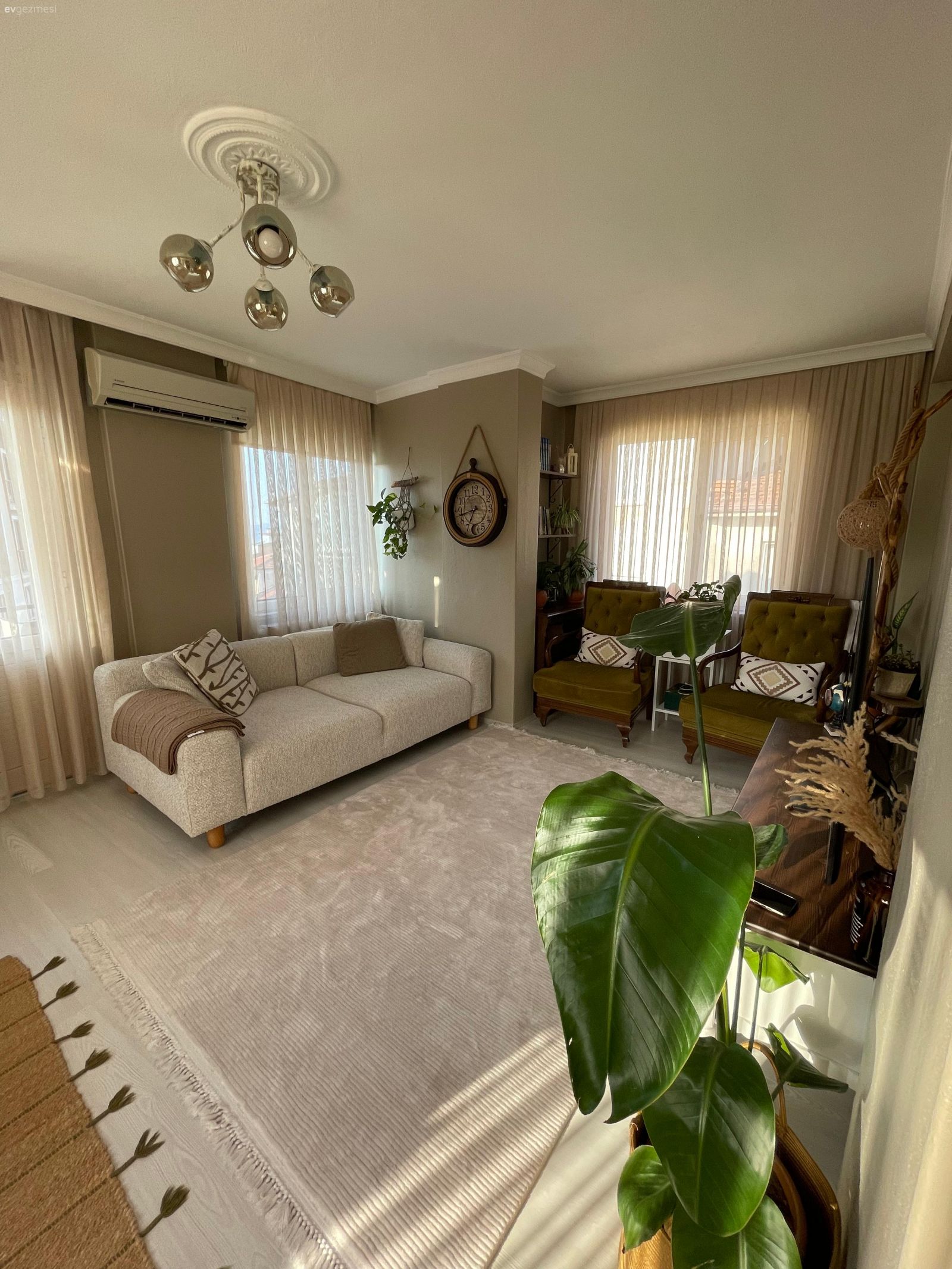 Salon, Eklektik, Bohem Dekorasyon, Koltuk takımı, Beyaz, Bej, Krem, Yeşil, Kahverengi, Kırlent, Ev tekstili, Tül perde, Perde, Ev bitkisi, Halı, Salon halısı, Dekoratif Objeler, Avize, Aydınlatma, Salon avizesi, Tv ünitesi, Tv ünitesi aksesuarları, Ev Aksesuar