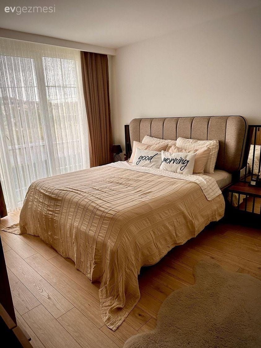 Yatak Odası, Vizon, Krem, Fon perde, Perde, Tül perde, Yatak örtüsü