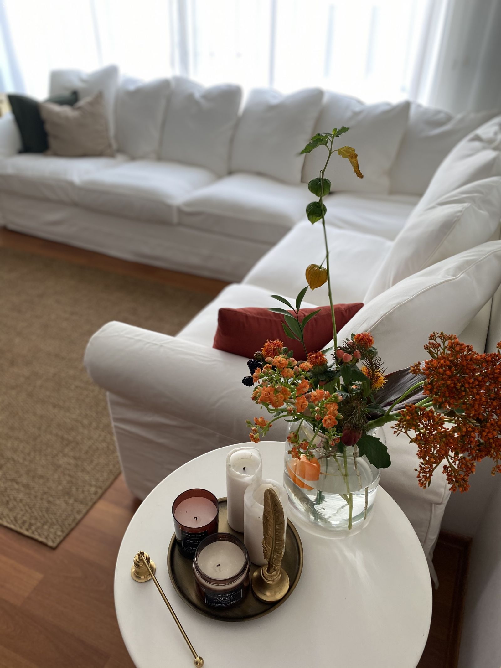 Salon, Bohem Dekorasyon, Beyaz, Köşe koltuk, Koltuk takımı, Tül perde, Perde, Kırlent, Ev tekstili, Jüt halı, Halı, Parke, Sandalye, Yemek masası