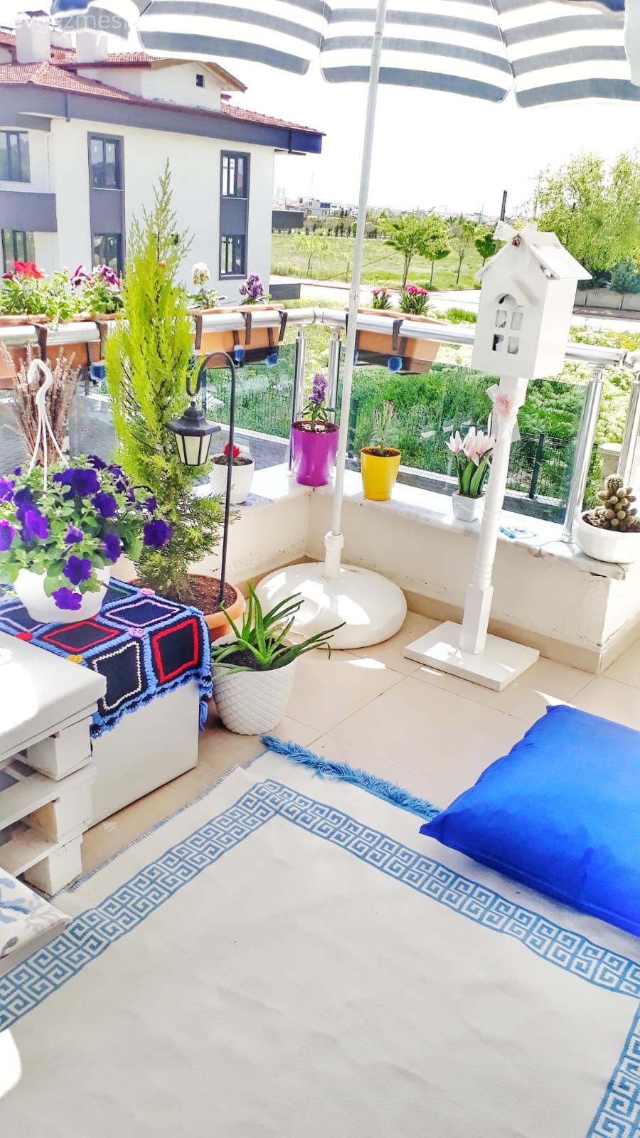 Balkon, Beyaz, Mavi, Balkon halısı, Balkon çiçekleri