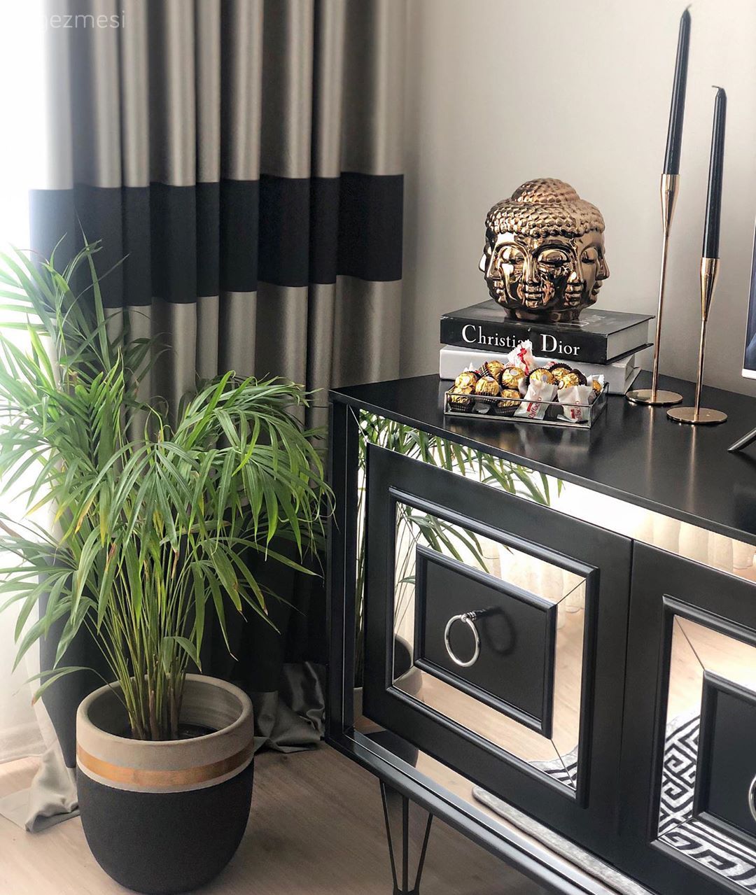 Tv ünitesi, Siyah, Gümüş, Ev bitkisi, Vazo, Ev Aksesuar, Fon perde, Perde, Tül perde, Dekoratif Objeler