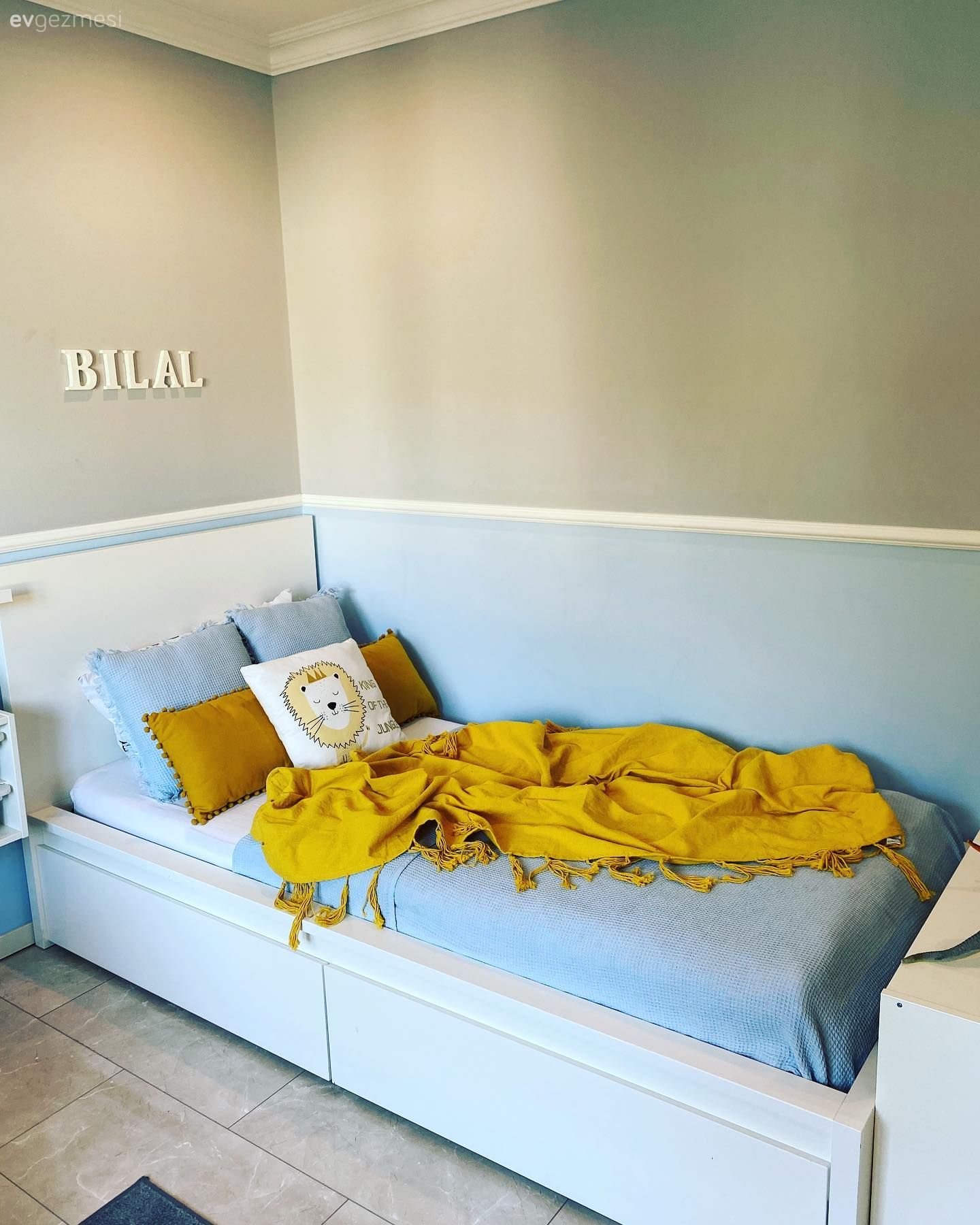 Çocuk Odası, Beyaz, Mavi, Sarı, Gri duvar