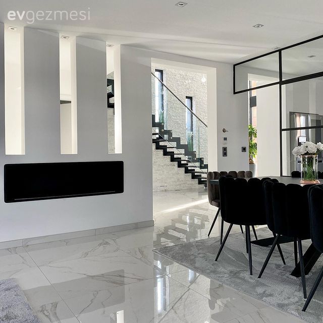Modern, Yemek Odası, Beyaz, Siyah, Vizon, Gri, Sandalye, Yemek masası, Merdiven