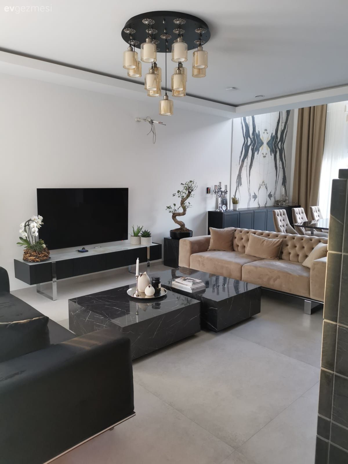 Salon, Art deko, Siyah, Krem, Vizon, Gri, Beyaz, Koltuk takımı, Orta sehpa, Sehpa, Tv ünitesi, Sehpa üstü aksesuarı, Ev Aksesuar, Avize, Aydınlatma, Salon avizesi, Yan sehpa, Ev bitkisi, Duvar dekorasyonu