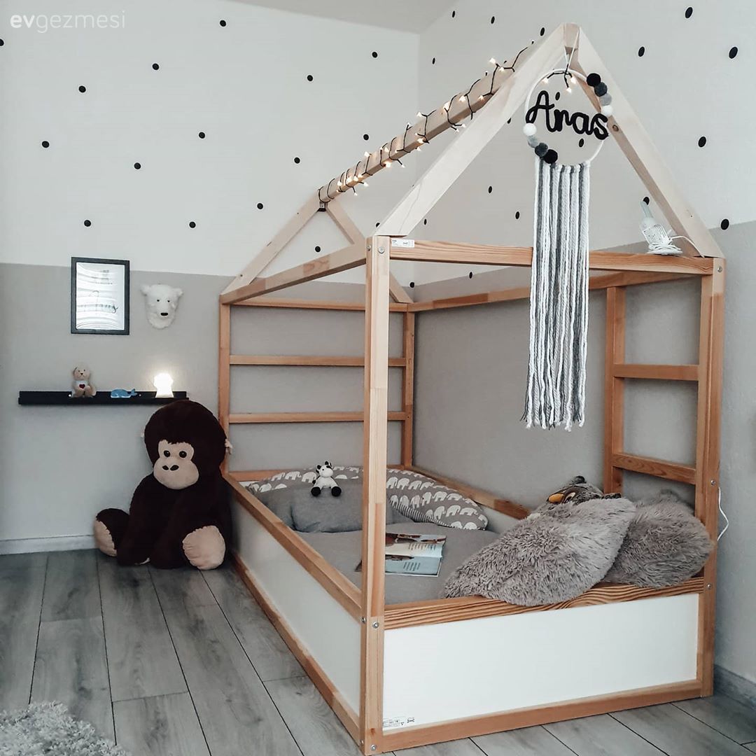 Çocuk Odası, Beyaz, Gri, Ahşap Mobilya, Çocuk odası duvar dekorasyonu, Parke