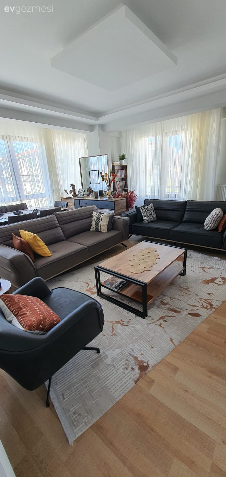 Salon, Modern, Gri, Turuncu, Koltuk takımı, Orta sehpa, Sehpa, Kırlent, Ev tekstili, Ev bitkisi