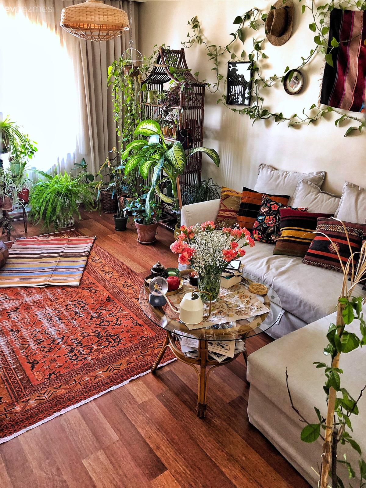 Salon, Bohem Dekorasyon, Eklektik, Beyaz, Kırmızı, Köşe koltuk, Koltuk takımı, Kırlent, Ev tekstili, Ev bitkisi, Halı, Orta sehpa, Sehpa, Vitrin, Hasır avize, Parke, Tül perde, Perde