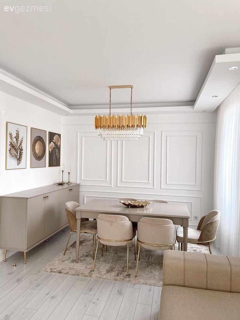 Salon, Modern, Krem, Bej, Vizon, Konsol, Konsol üzeri dekoratif objeleri, Tablo, Duvar dekorasyonu, Duvar çıtalama, Avize, Aydınlatma, Sandalye, Yemek masası, Halı, Salon halısı