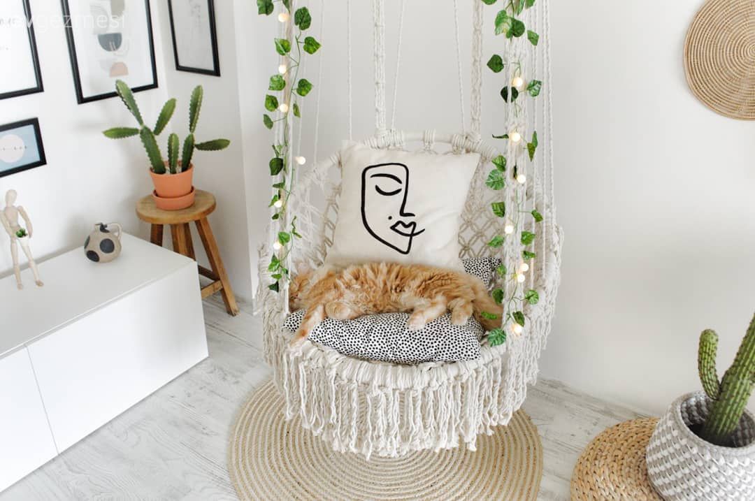 Salon, Beyaz, Kahverengi, Siyah, Tavana monte salıncak, Salıncak, Hasır puf, Tv ünitesi, Çerçeve, Duvar rafı, Duvar dekorasyonu, Vazo, Ev Aksesuar, Ev bitkisi