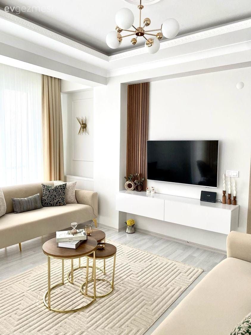Duvar çıtalama, Beyaz, Modern, Tv ünitesi, Tv ünitesi aksesuarları, Ev Aksesuar, Koltuk takımı, Orta sehpa, Sehpa, Halı, Salon halısı, Kırlent, Ev tekstili, Fon perde, Perde, Tül perde, Aplik, Aydınlatma