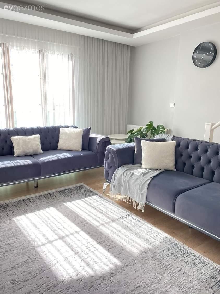 Salon, Modern, Mavi, Gri, Beyaz, Koltuk takımı, Modern chesterfield, Kırlent, Ev tekstili, Tül perde, Perde, Ev bitkisi, Halı, Salon halısı