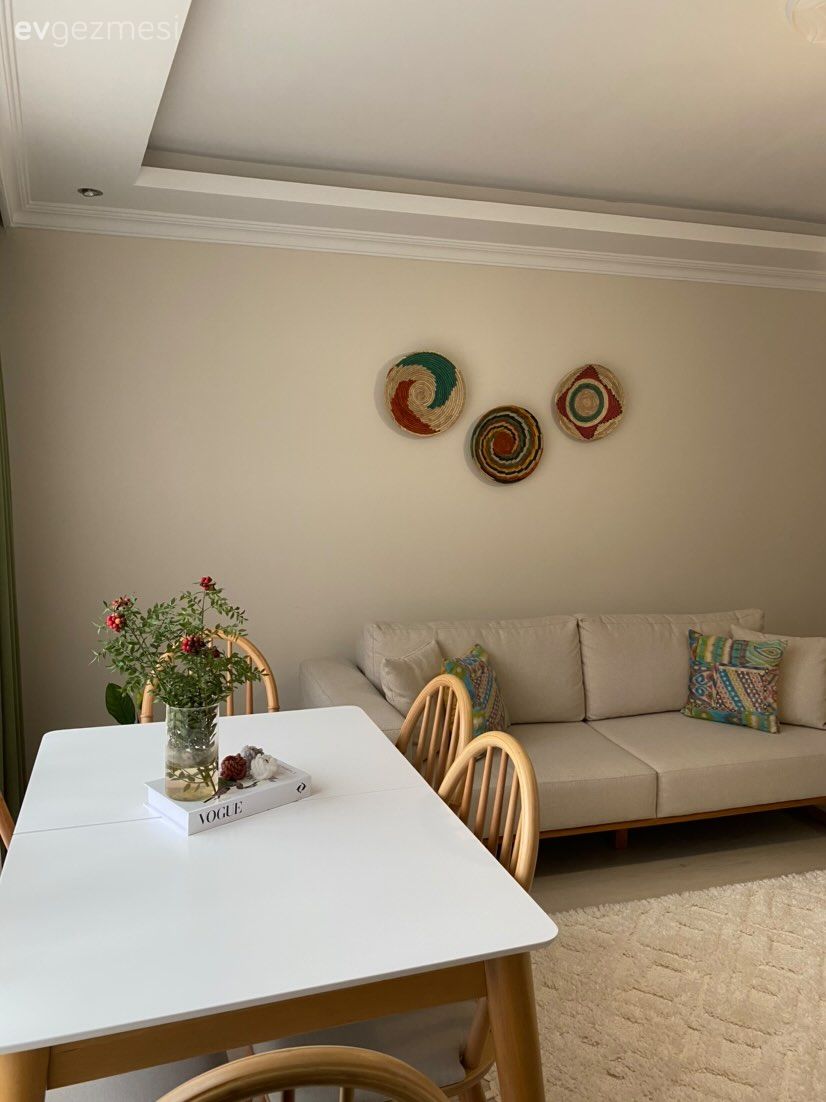 Salon, Bohem Dekorasyon, Modern, Beyaz, Bej, Sandalye, Yemek masası, Kırlent, Ev tekstili, Koltuk takımı, Halı, Salon halısı