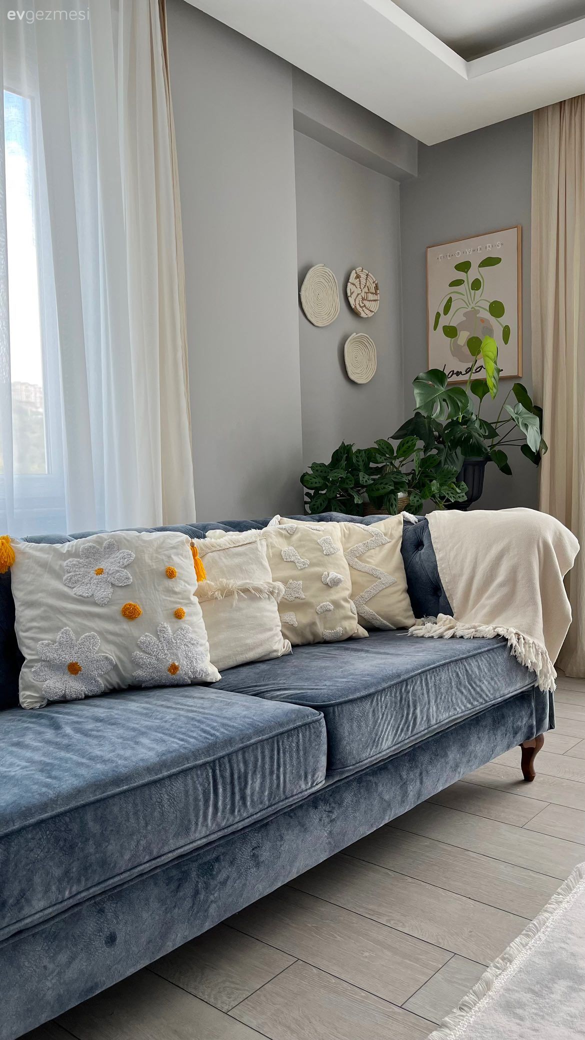 Gri duvar, Dekoratif Objeler, Tablo, Duvar dekorasyonu, Ev bitkisi, Mavi, Kırlent, Ev tekstili, Koltuk takımı, Modern chesterfield