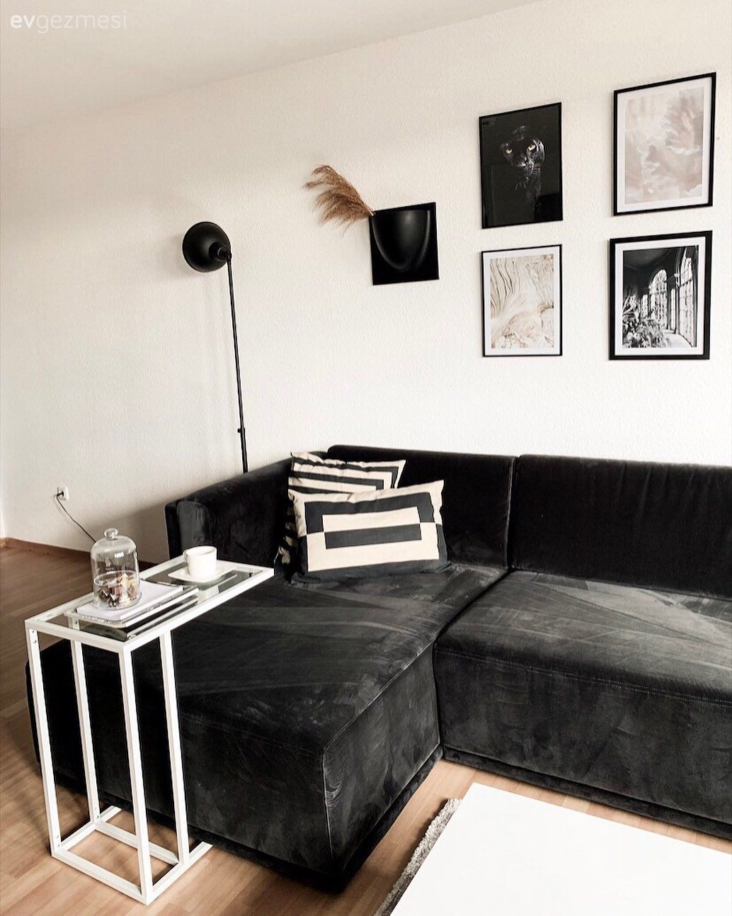 Salon, Modern, Büyük salon, Köşe koltuk, Koltuk takımı, Siyah, Beyaz, Gri, Tablo, Duvar dekorasyonu, Lambader, Aydınlatma, Orta sehpa, Sehpa, Halı, Salon halısı, Kırlent, Ev tekstili, Çizgili desen, Desenler, Koltuk sehpası