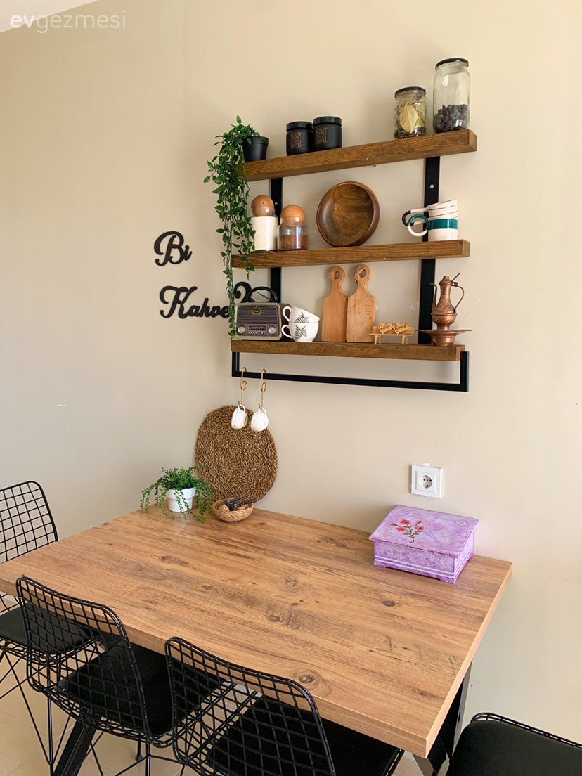 Mutfak masası, Sandalye, Metal sandalye, Siyah, Duvar rafı, Duvar dekorasyonu