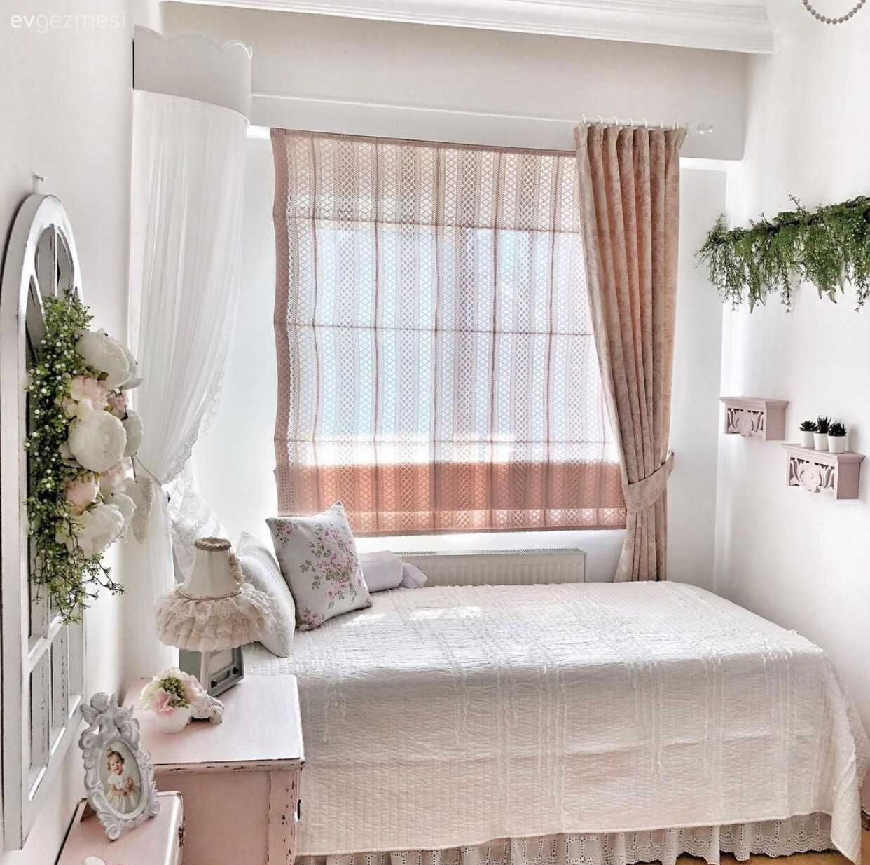 Çocuk Odası, Country, Pudra pembe, Vizon, Beyaz, Tül perde, Perde, Fon perde, Komodin, Bej, Dekoratif Objeler, Cibinlik, Ev bitkisi