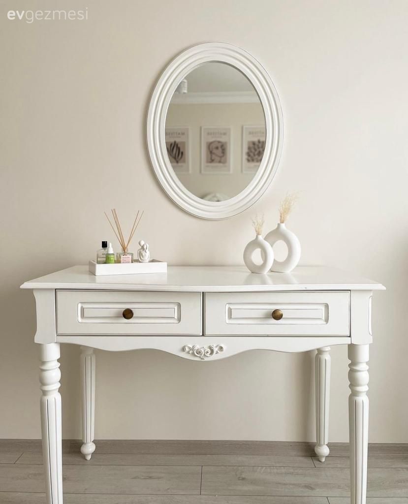 Makyaj masası, Yatak Odası, Beyaz, Country, Yuvarlak ayna, Dekoratif ayna