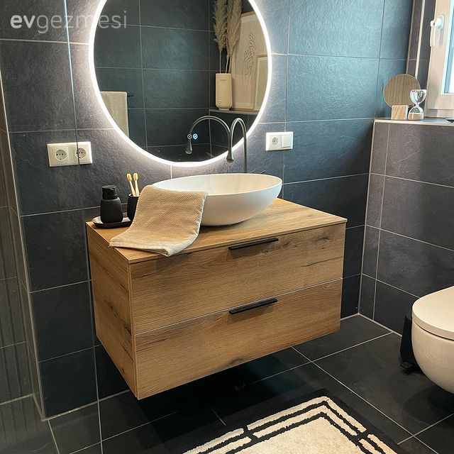 Banyo, Antrasit  , Yuvarlak ayna, Dekoratif ayna, Ahşap Mobilya, Banyo dolabı, Banyo paspası