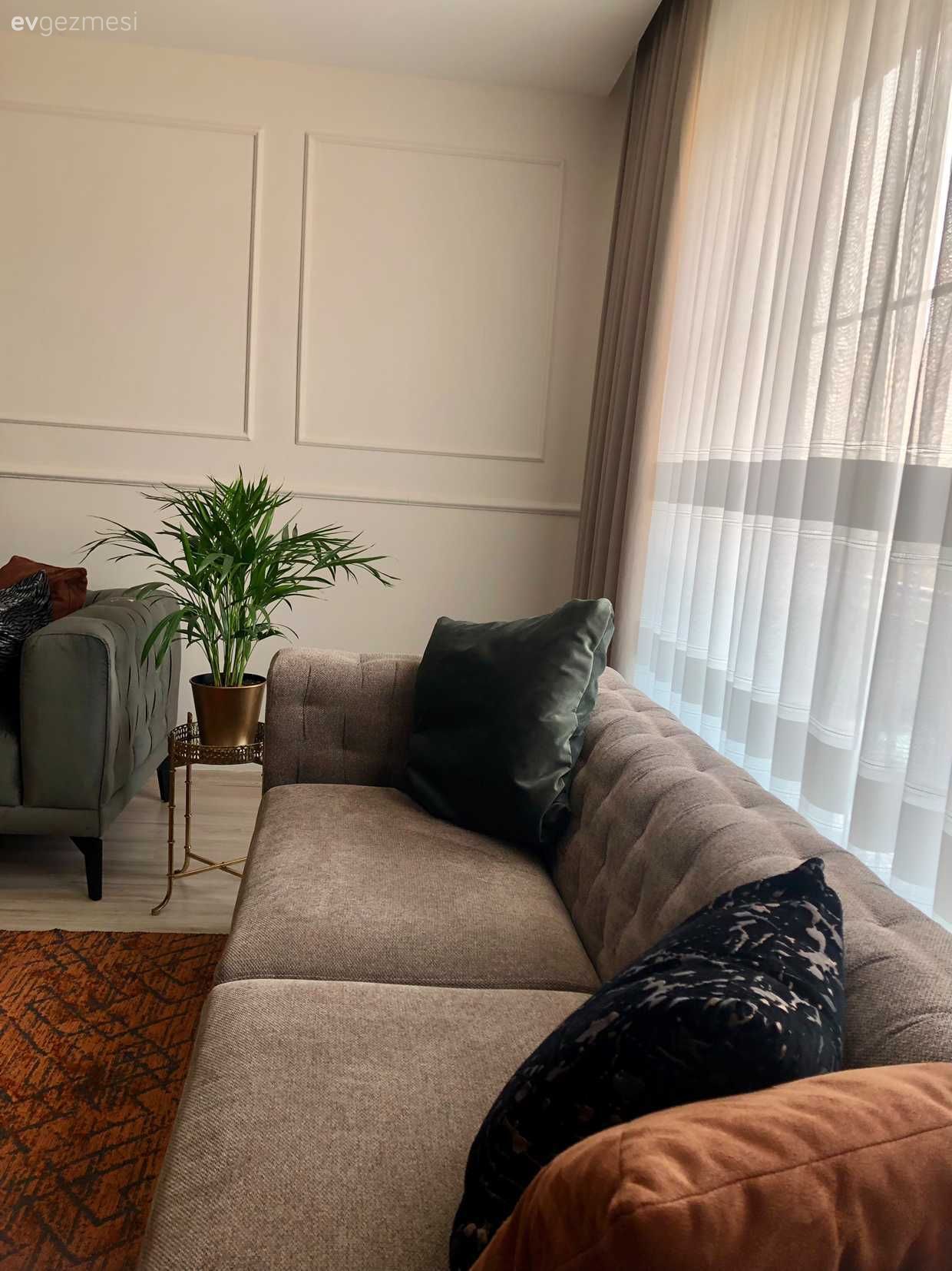 Krem duvar, Krem, Vizon, Gri, Turuncu, Fon perde, Perde, Tül perde, Ev bitkisi, Saksı, Kırlent, Ev tekstili, Duvar çıtalama