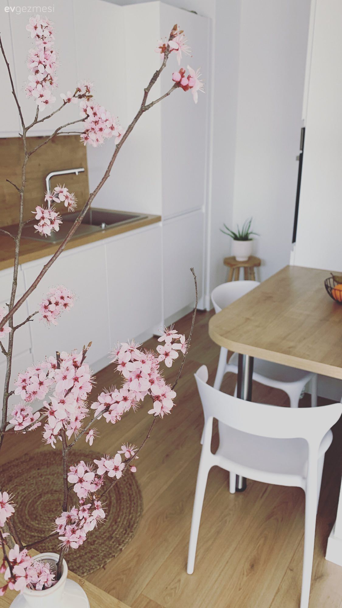 Mutfak, Modern, Beyaz, Beyaz ve ahşap mutfak, Ahşap mutfak tezgahı, Mutfak tezgahı, Mutfak tezgah arası, Kulpsuz mutfak dolabı, Sandalye, Yemek masası, Parke, Vazo, Ev Aksesuar