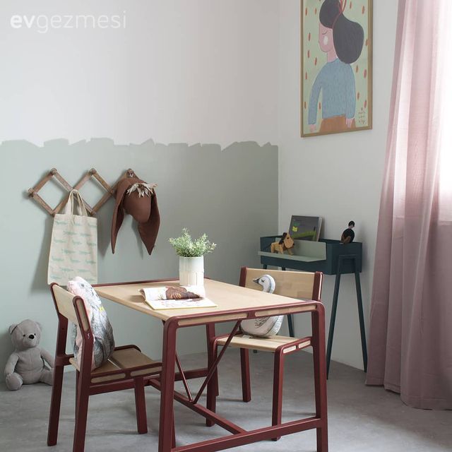 Çocuk Odası, Beyaz, Mint yeşil, Gri, Pembe, Bordo, Çocuk odası çalışma masası, Duvar rafı, Duvar dekorasyonu, Çocuk odası duvar dekorasyonu, Fon perde, Perde