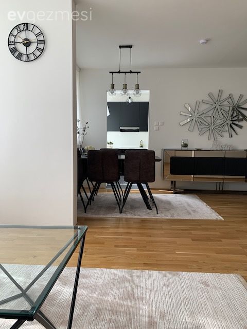 Salon, Modern, Beyaz, Krem, Siyah, Antrasit  , Halı, Sandalye, Yemek masası, Konsol, Konsol üzeri dekoratif objeleri, Ayna, Avize, Aydınlatma, Salon avizesi, Parke, Vizon