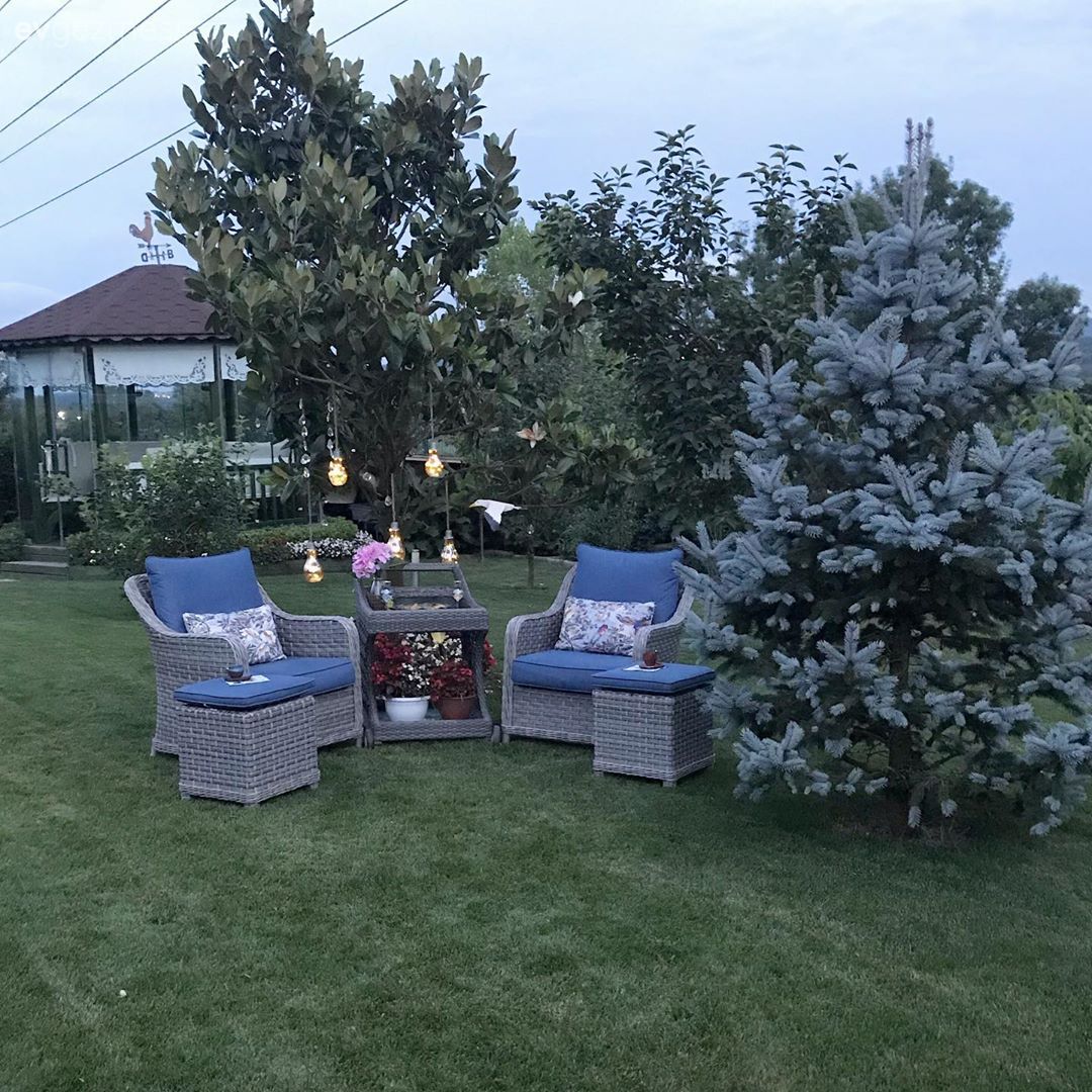 Bahçe, Bahçe oturma grubu, Peyzaj, Hasır, Mavi