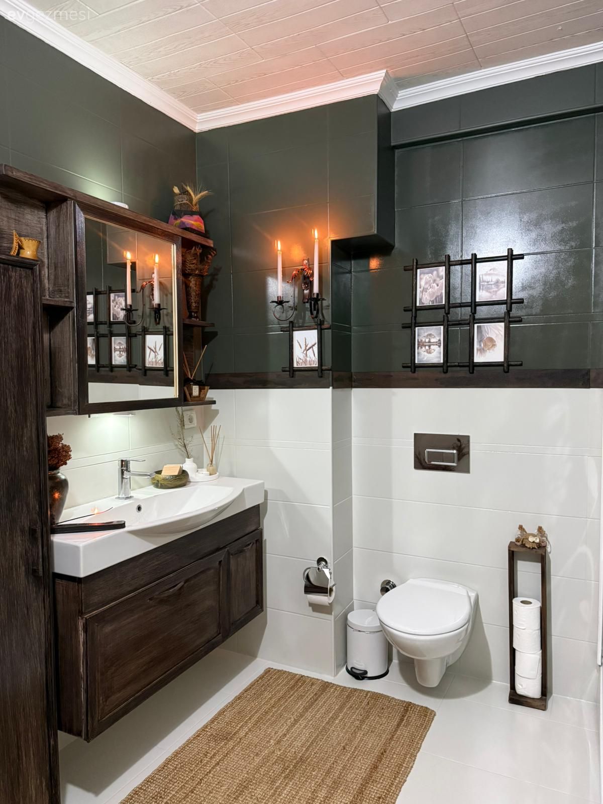 Banyo, Modern rustik, Kahverengi, Masif ahşap, Beyaz, Banyo seramikleri, Banyo aynası, Banyo aksesuarları, Banyo paspası, Yeşil